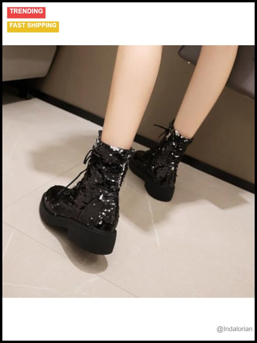 Lace Up Glitter Combat Boots Chunky Heel Sequin Ankle Booties - Picture 3 of 6